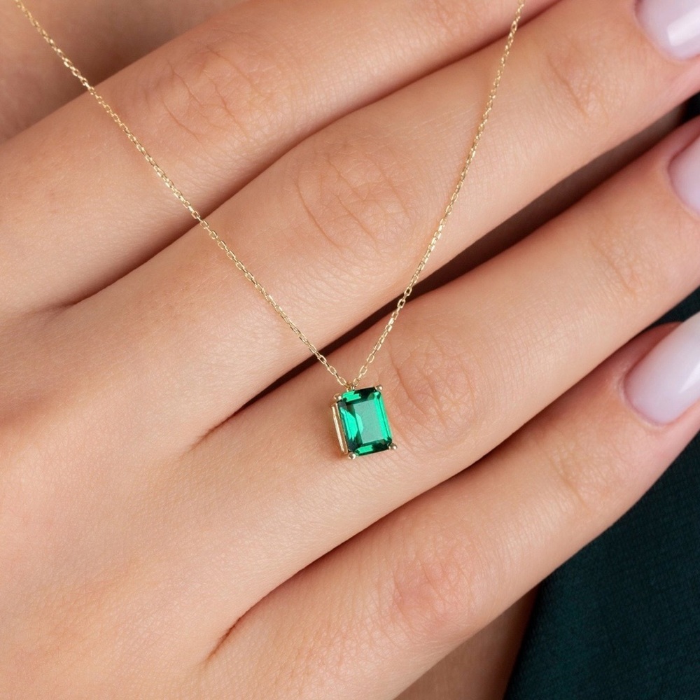 Emerald Rectangle Necklace 14k Solid White Gold, … - image 4